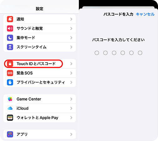 iPhoneで「タッチIDとパスコード」に入る