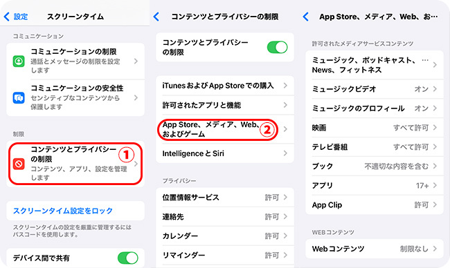 「App Store、メディア、Web、およびゲーム」画面