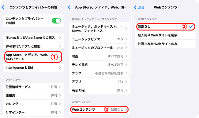 iPhoneのWebコンテンツへを「制限なし」に設定する