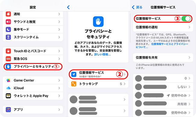 iPhoneの位置情報サービスをオフにしてオンにする