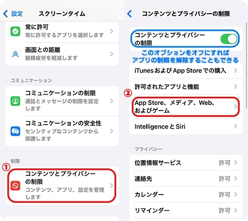 スクリーンタイムの「コンテンツとプライバシーの制限」を開く