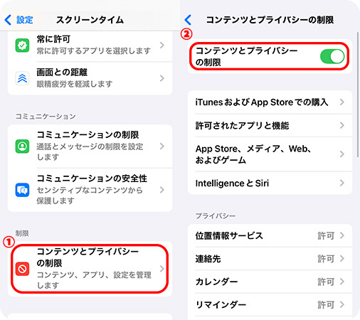 「コンテンツとプライバシーの制限」をオフにする